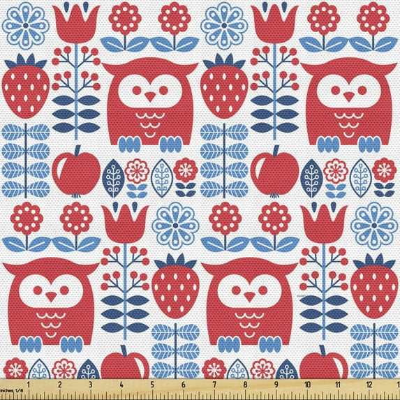 Ambesonne Norwegian Fabric by the Yard Upholstery, Floral Art with Owl Motif, 5 Yards, Sea Blue Dark Coral