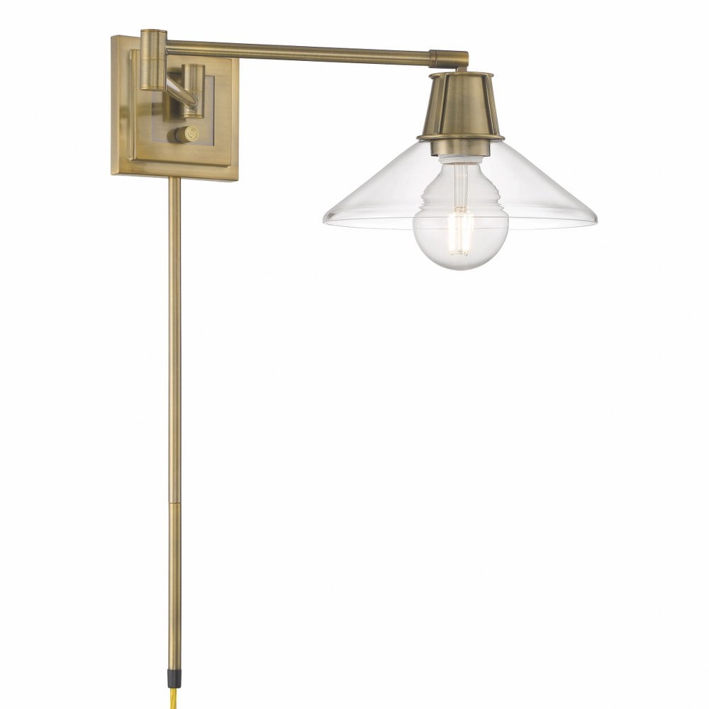 Antique Brass Swing Arm Wall Sconce with Clear Glass Shade