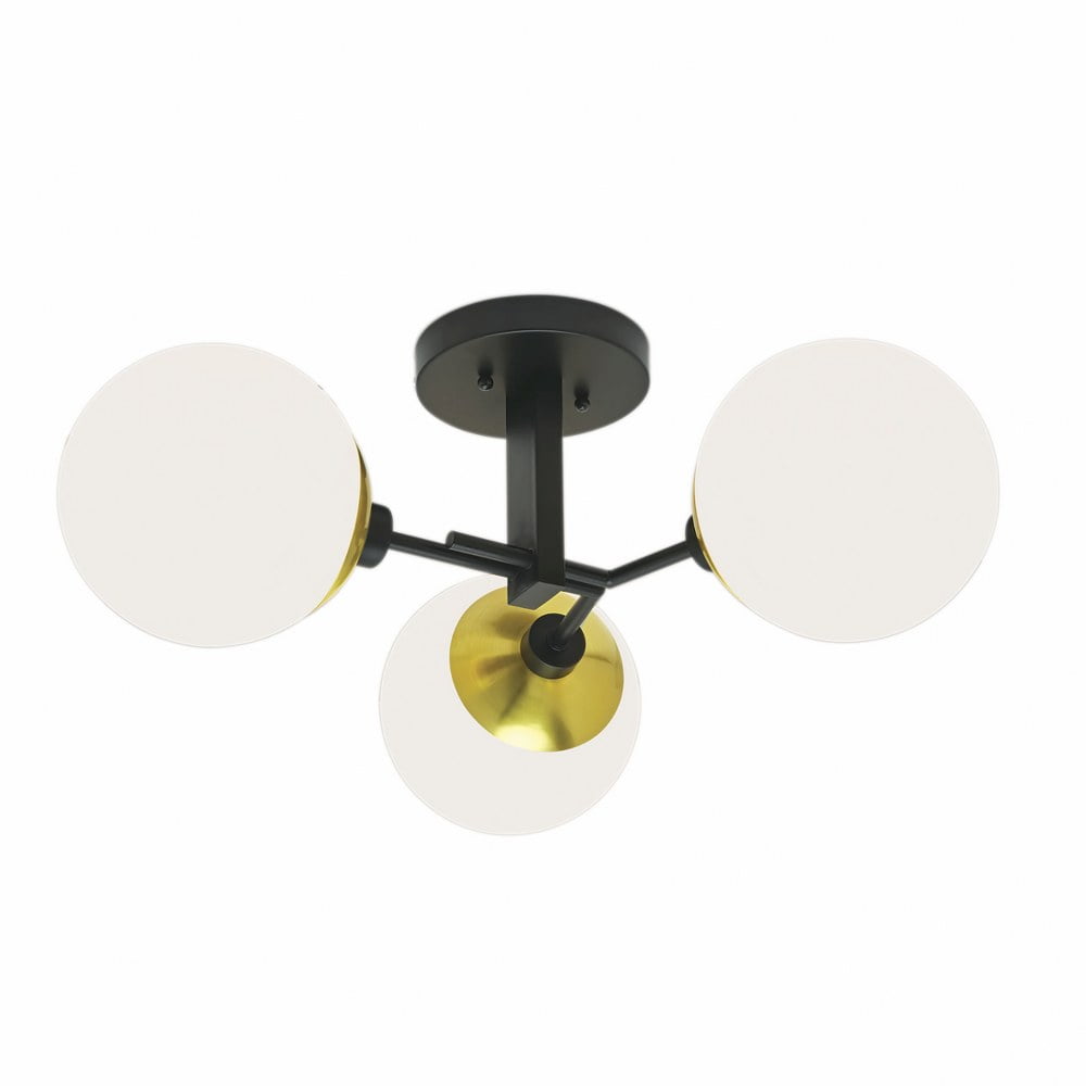 Triple Globe Matte Black & Polished Brass Semi-Flush Ceiling Light