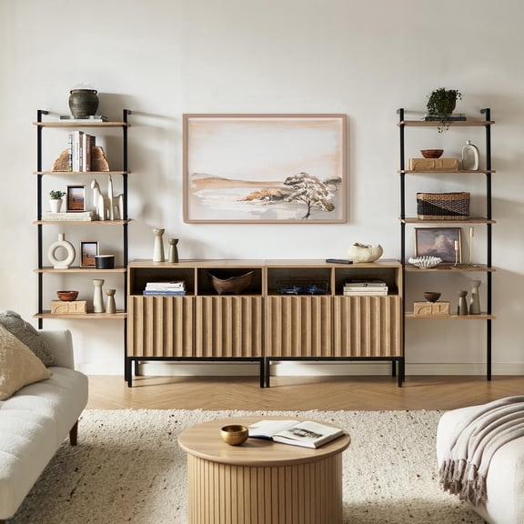 Norwin 4 Piece Entertainment Center with Storage, 70" TV Stand, Industrial Modern Television Accent Cabinet, Oak Wood Media Console Table with 5-Tier Shelf Bookcase (5-Tier Cabinet Set)