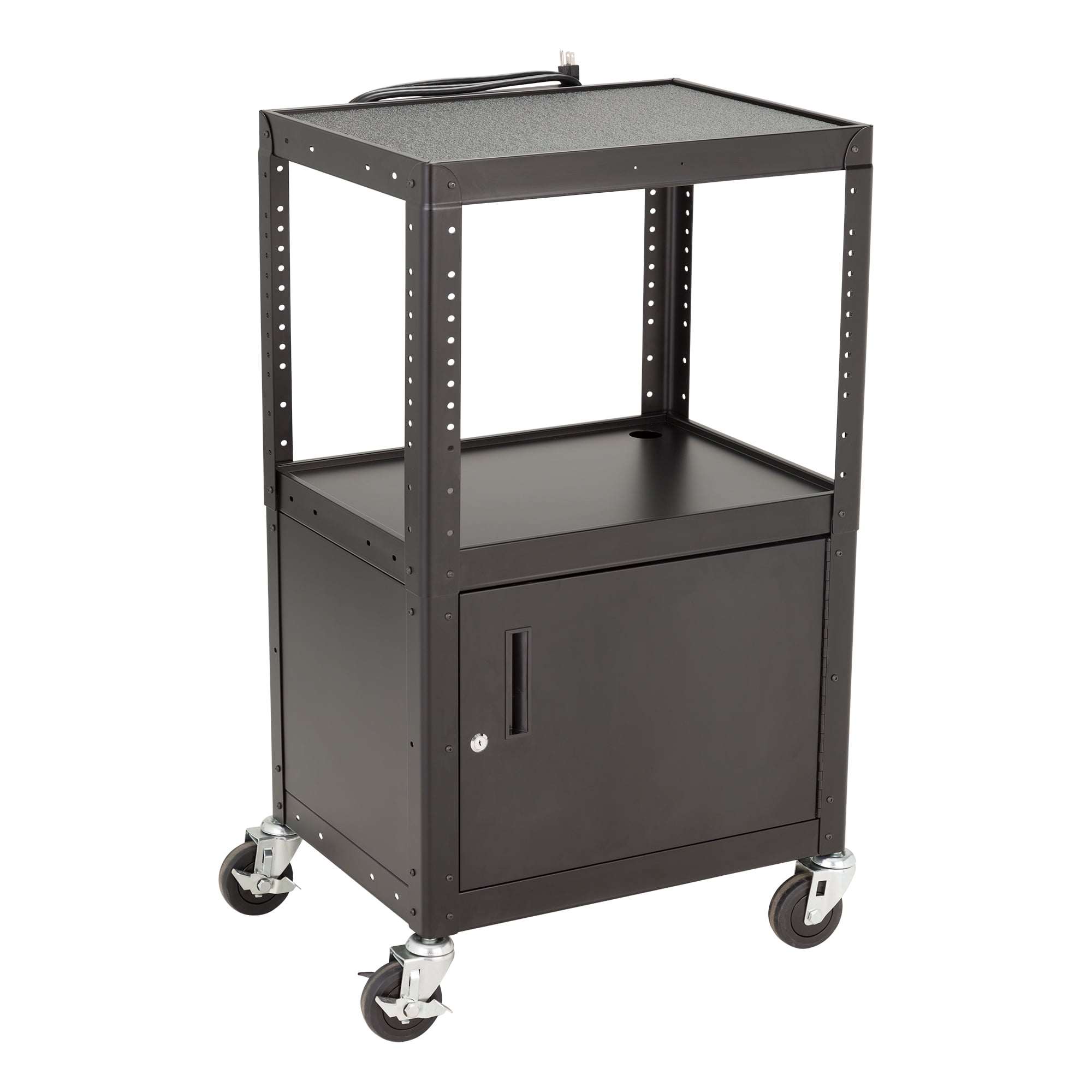 Adjustable Black Metal AV Cart with Locking Cabinet