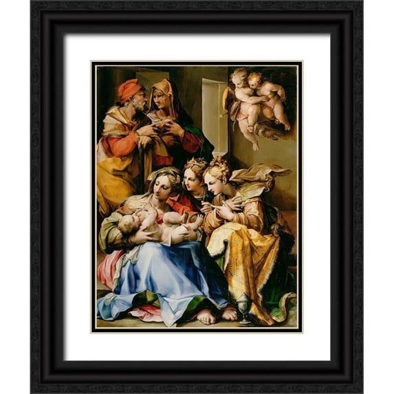 Nosadella 15x18 Black Ornate Wood Framed with Double Matting Museum Art Print Titled - Holy Family with Saints Anne, Catherine of Alexandria, and Mary Magdalene