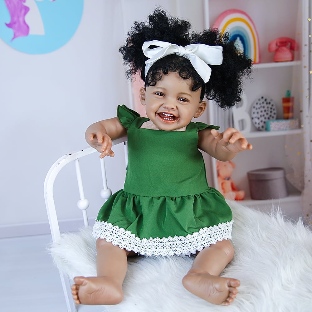 Nosadi 24" Reborn Baby Girl Dolls Black Skin Smile Face with Realisitc Silicone Limbs Filling with PP Cotton Birthday Gift for 3+ Years