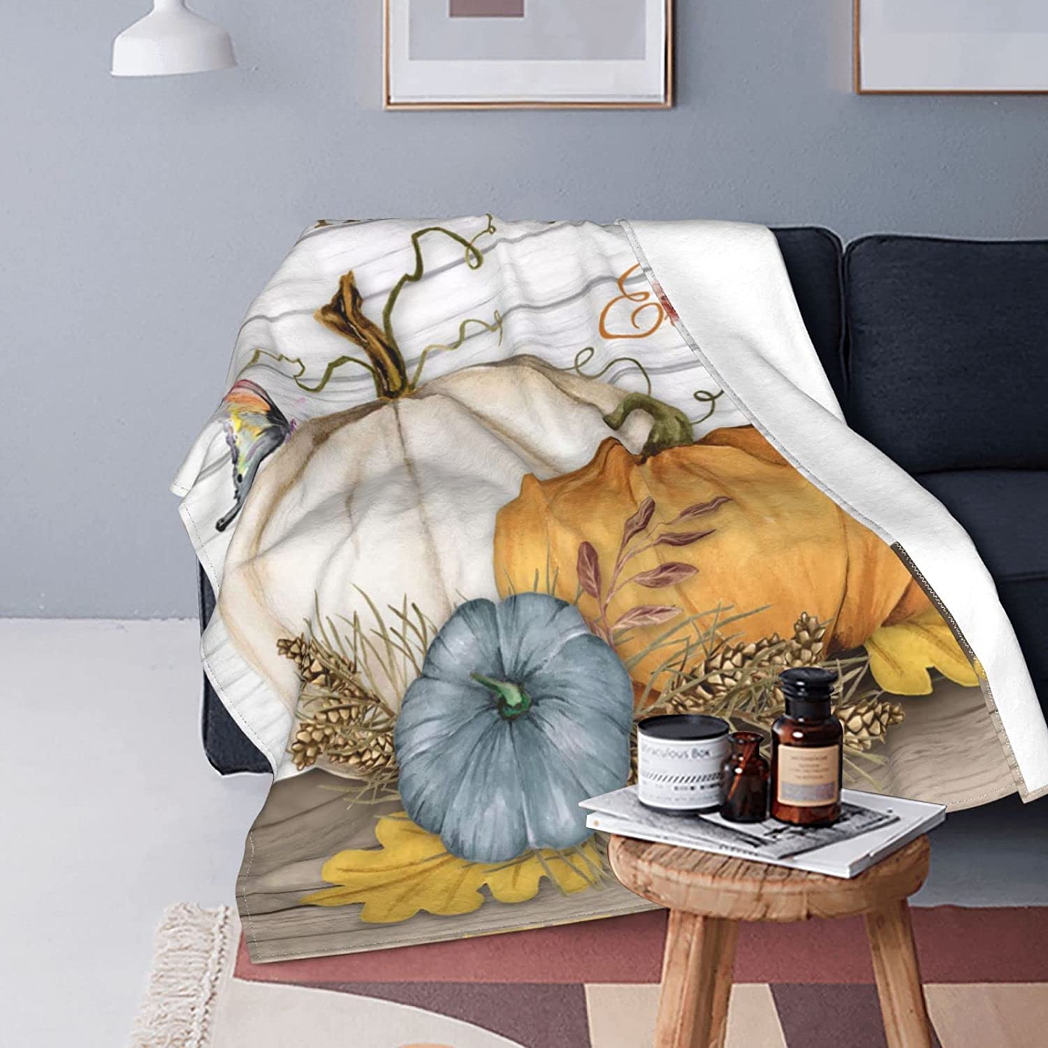 Nosbei Fall Throw Blanket Pumpkin Autumn Thanksgiving Fuzzy Blanket