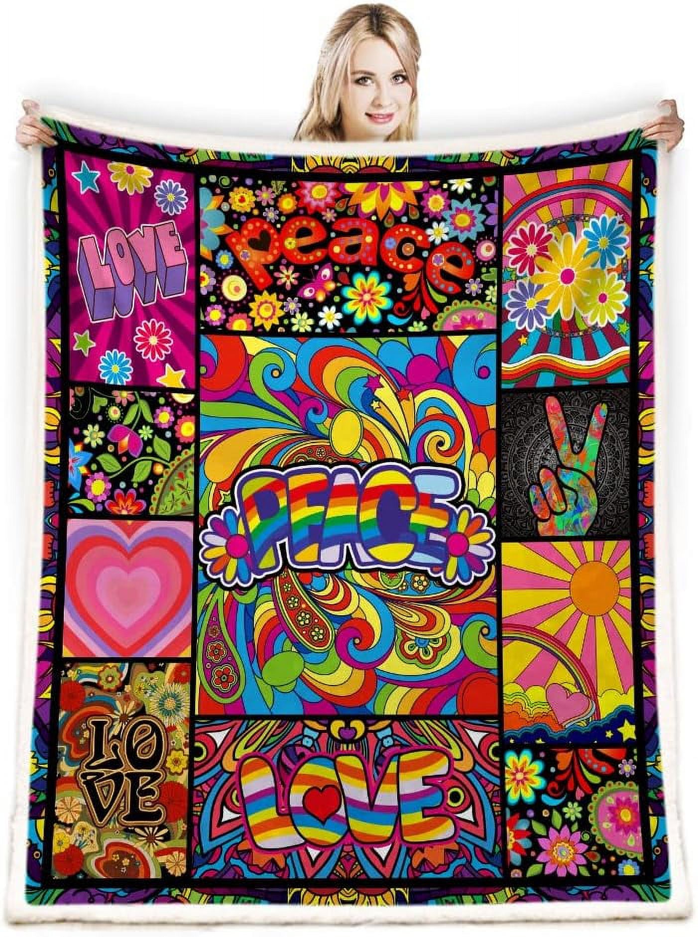 Nosbei Gift For Hippie Style Peace Love Flower Hippie Throw Blankets
