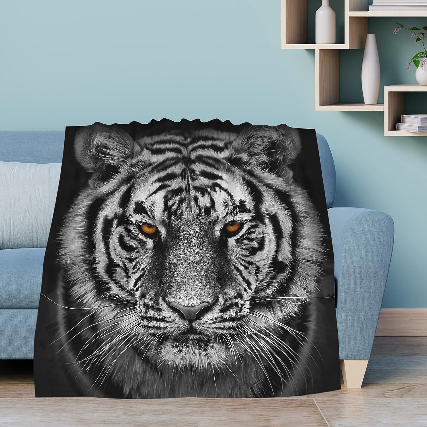 Nosbei White Tiger Blanket Tiger Face Animal Print on Black Throw