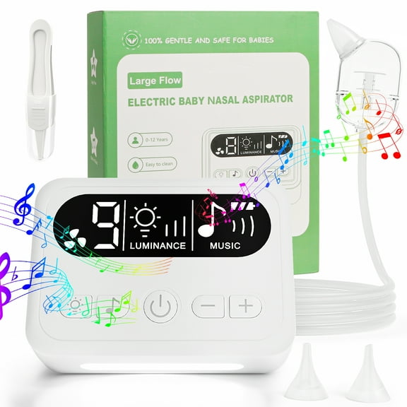 Baby Nasal Aspirator, 9 Levels & 70 KPa Strong Suctions Nose Booger Sucker for Baby, Electric Nose Cleaner for Toddler & Newborn, 3 Level Soothe Light & 10 Lullabies, 3 BPA Free Silicone Tips, Square