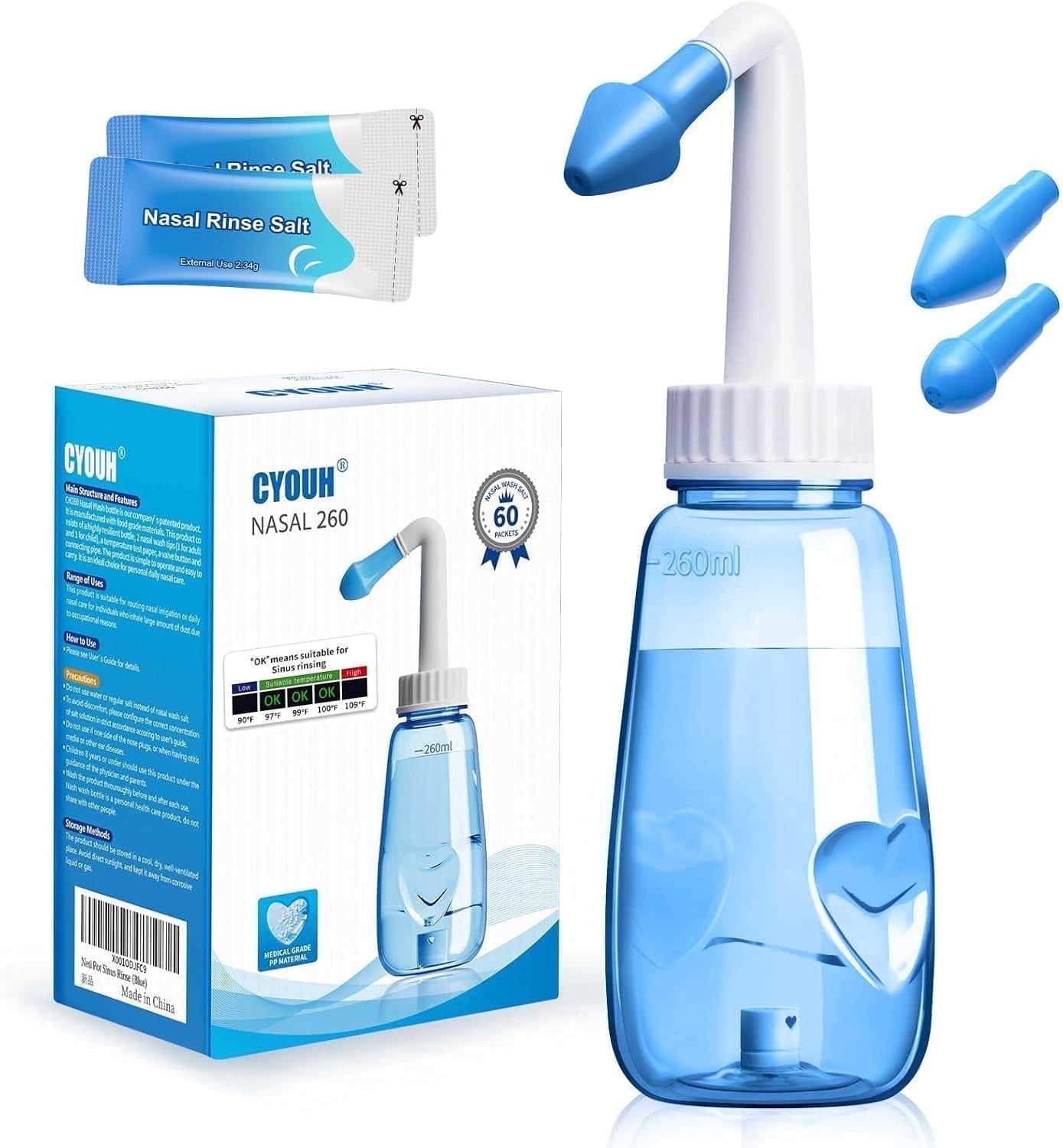 Neti Pot Sinus Rinse, Nasal Irrigation Kit, BPA Free 260 ML with 60 ...