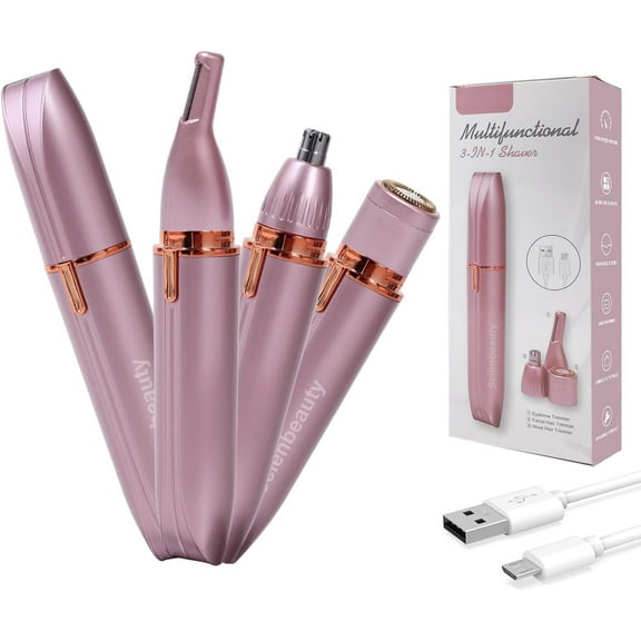 Nose Ear Hair Trimmer Facial & Eyebrow Hair Remover for Women, 3 in 1 USB Rechargeable Painless Hair Removal Kit with 3 Replaceable Rinseable  Heads