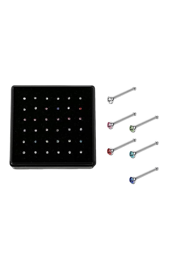 Nose Jewelry - Elegant Stainless Steel Nose Studs Pack for European Style with Embedded Design 36-Piece Set in Packaging,1.96 inch,Green