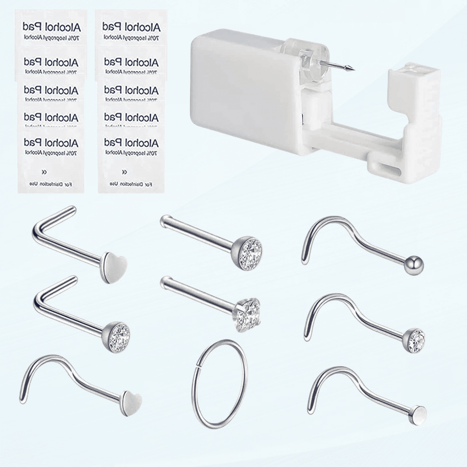 Nose Piercing Kit - Disposable Sterile Home Self Nose Piercing Gun Safe Painless Nose Stud Piercing Kit Tool with 2mm Stainless Steel Nose Pin (White Crystal)