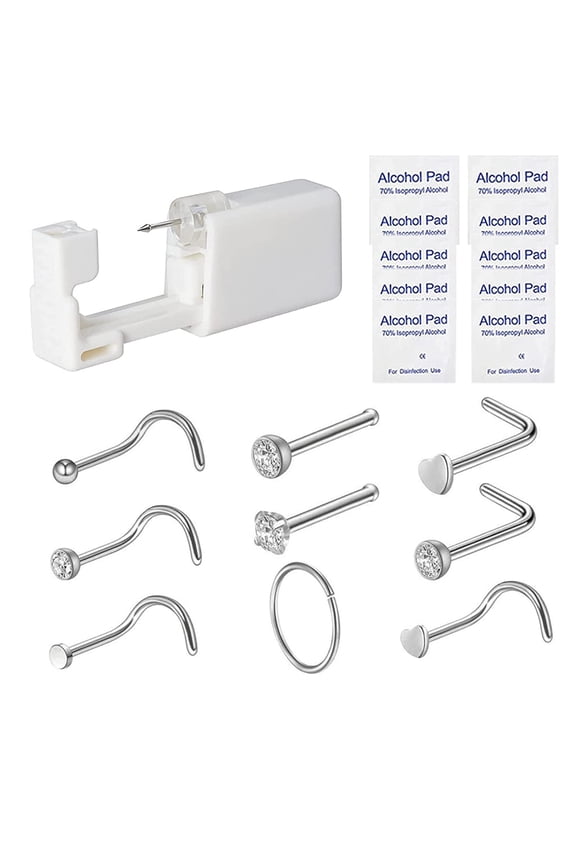 Nose Piercing Kit - Disposable Sterile Home Self Nose Piercing Gun Safe Painless Nose Stud Piercing Kit Tool with 2mm Stainless Steel Nose Pin (White Crystal)