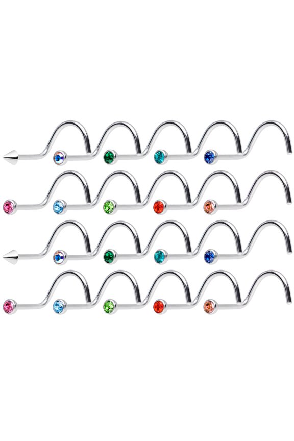 Nose Piercing Screws with CZ Gems Twenty-Piece