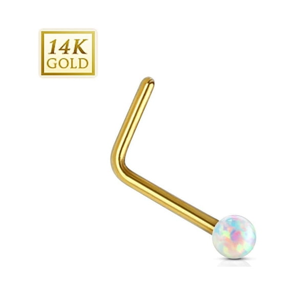 Nose Ring 20g 14Kt. Gold L Bend Nose Stud Ring with 2mm Opal Ball