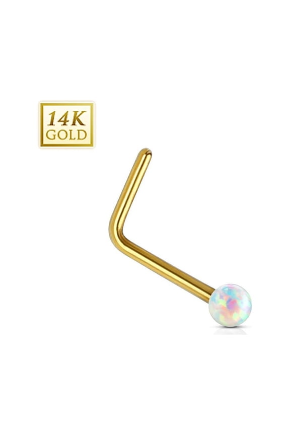 Nose Ring 20g 14Kt. Gold L Bend Nose Stud Ring with 2mm Opal Ball
