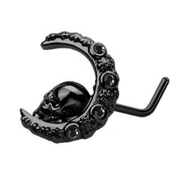 Nose Ring L Bend Stud Skull center moon black ring top