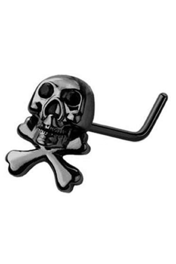 Nose Ring L Bend Stud Skull crossbone black ring top