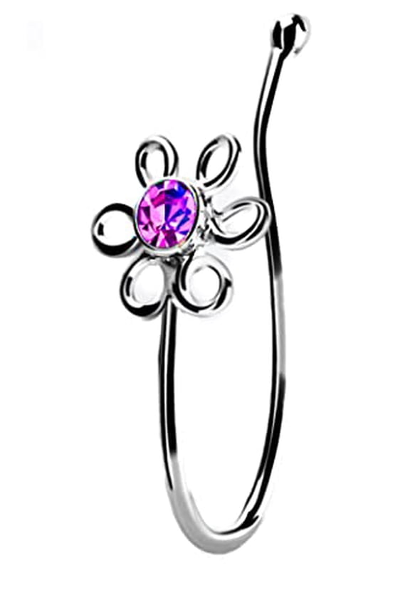 Nose Ring Nose Clip with a Wired 6 Petal Flower CZ Center Stud Sterling Silver