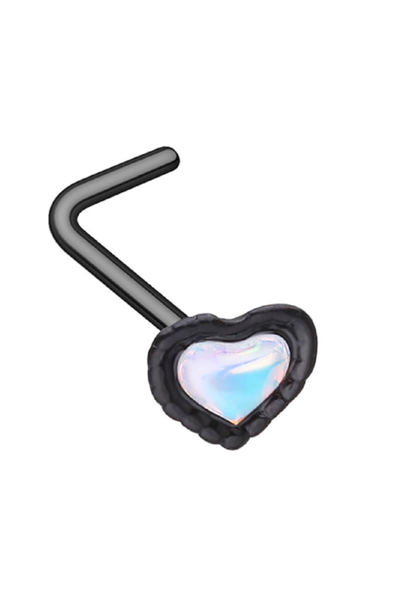 Nose Ring Stud Black Illuminating Heart Moonstone L-Shape316L Surgical Steel L bar 20g 1/4''