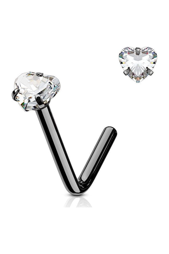 Nose Ring Stud L Bend Shape Surgical Steel Screw Heart CZ Gem 1pc 20G 18G 6MM