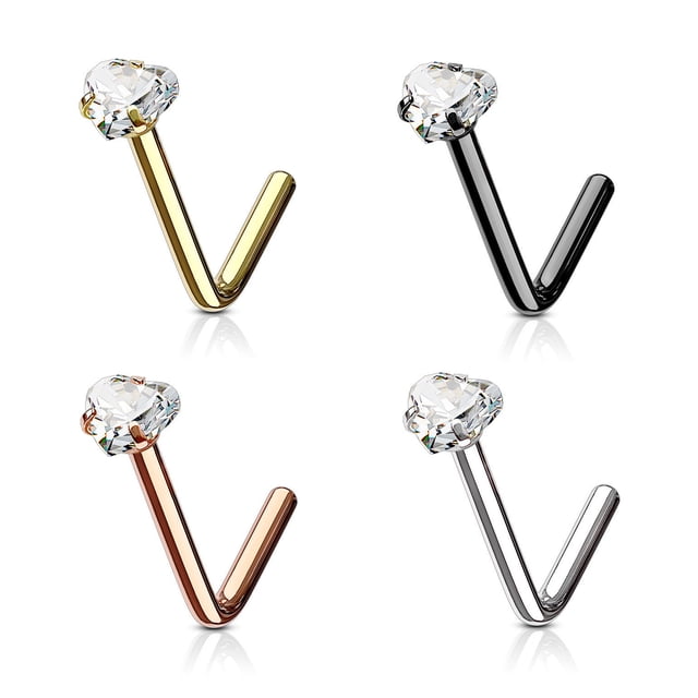 20g (0.8mm) Nose Bone Stud Surgical Steel L Bend With 4 Cubic Zirconia CZ Set