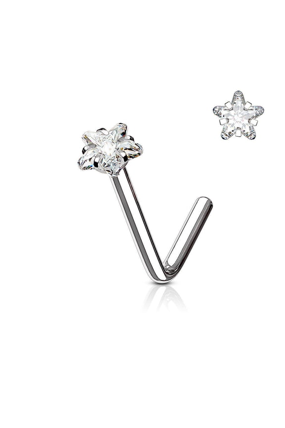 Nose Ring Stud L Bend Shape Surgical Steel Screw Star CZ Gem 1pc 20G 18G 6MM