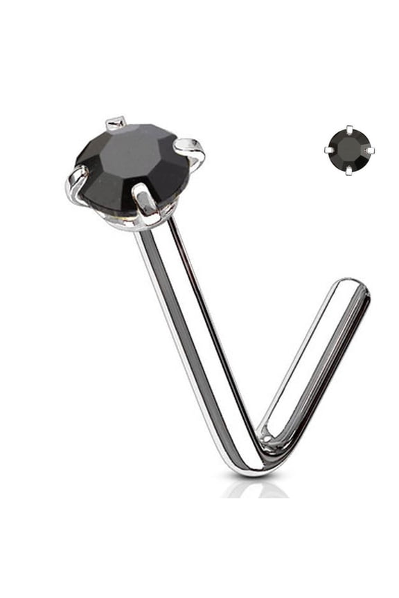 18G 20G Prong Set Gem CZ Top L Shaped Nose Stud Ring Surgical Steel Piercings Jewelry for Women Men - Sold Each