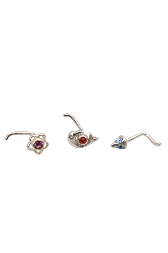 Nose Ring Studs Screw Set of 3 Arrow Flower and Dolphin Design 22g