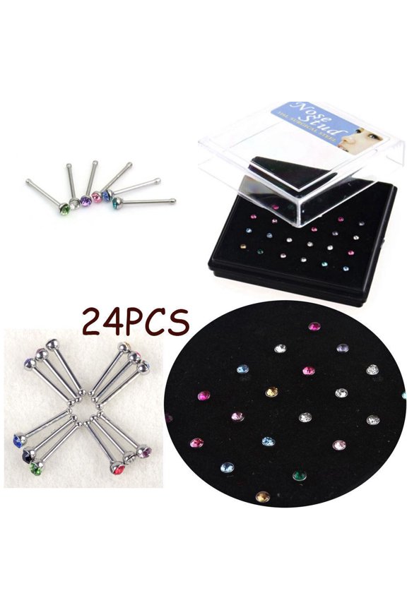 24-Piece Assorted Color Crystal Rhinestone Nose and Body Piercing Jewelry Set for Women Teens Stylish Accessories