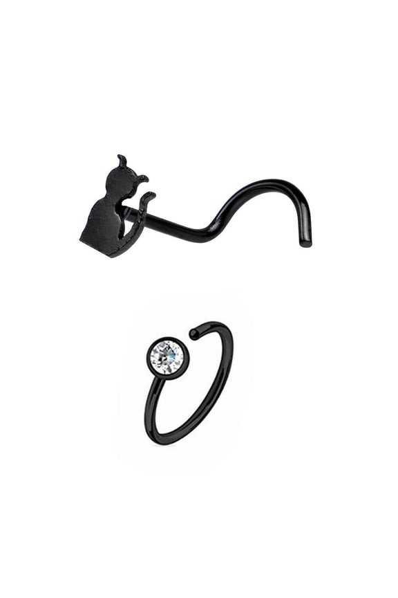 Nose Rings Pack of 2 Cat Design Nose Screw & Anodized Nose Hoop with CZ 20g S.S.