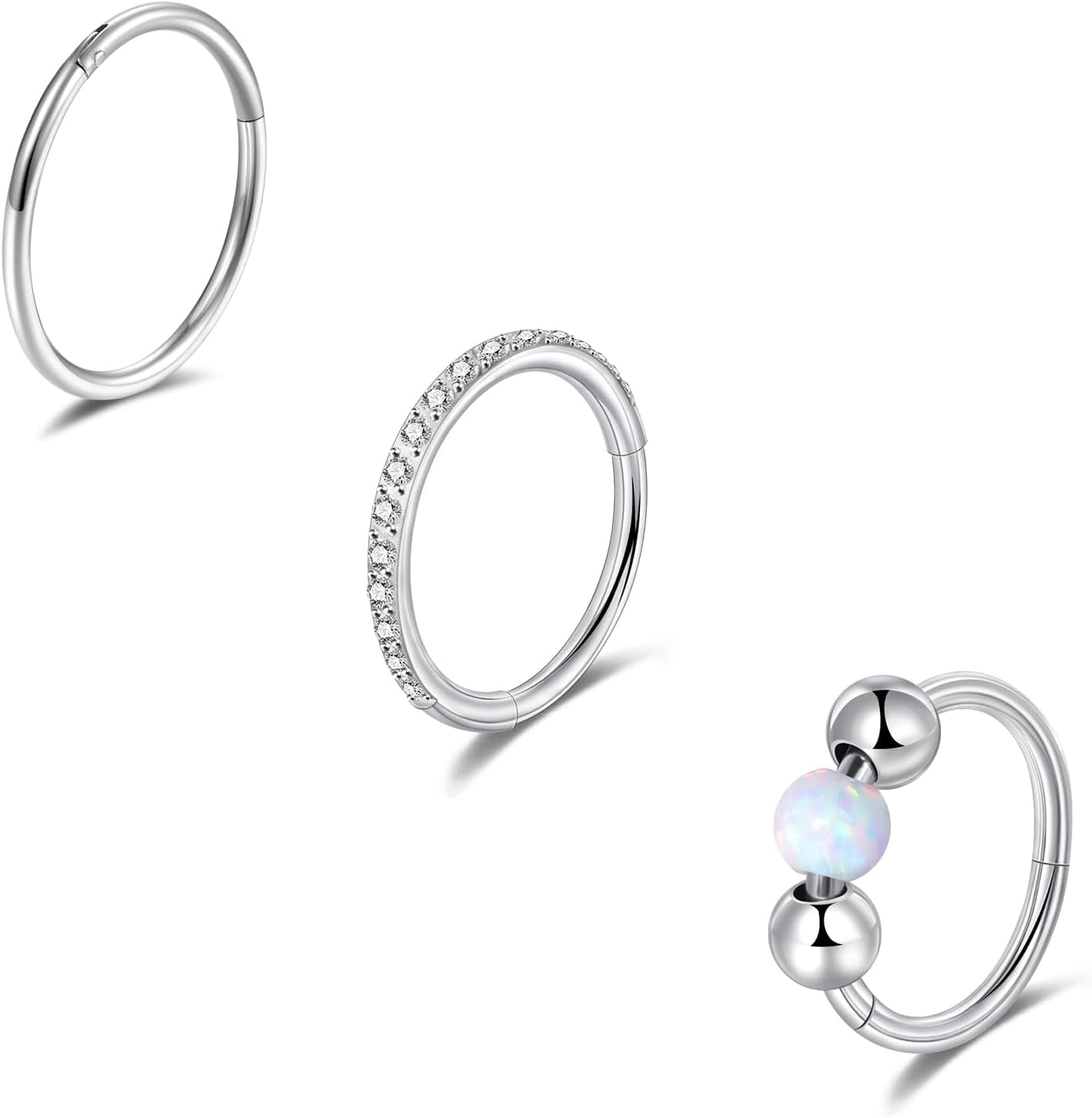 Nose Rings Pro Hoops Set Surgical Stainless Steel Septum Ring Cz Opal Hinged Clicker Lip Daith Tragus Conch Piercing Jewelry Set Cute Cartilage Hoop Earrings 20g 18g[w326]