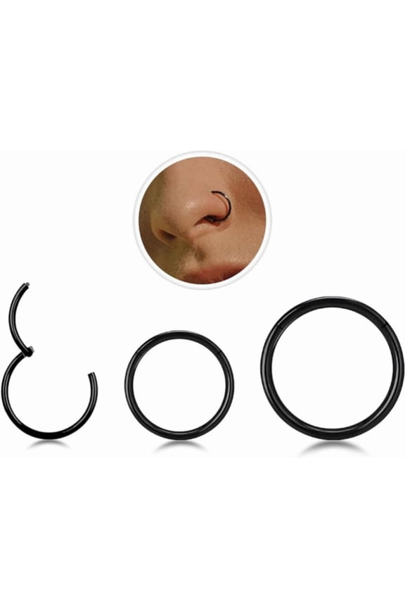 Nose Rings,Septum Rings,Hinged Nose Rings Hoop for Nostril Septum Cartilage Helix Daith Tragus Rook Conch Lip Ear Lobe Piercings,Black(6mm+8mm+10mm)