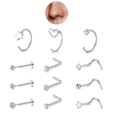 Nose Rings for Women -Hypoallergenic Surgical Steel Nose Ring Hoops CZ Opal Lip Ring Screw L Shaped Studs Threadless Flat Back Stud Nose Piercings Jewelry for Women Men