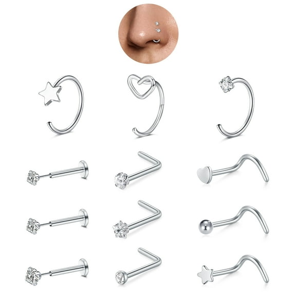 Nose Rings for Women -Hypoallergenic Surgical Steel Nose Ring Hoops CZ Opal Lip Ring Screw L Shaped Studs Threadless Flat Back Stud Nose Piercings Jewelry for Women Men