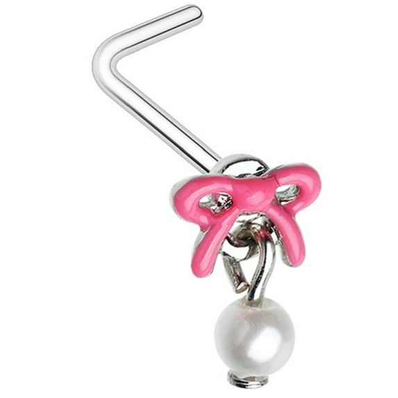 Nose Stud Pink Enamel Pearl Drop Bow Ribbon L Bend Rings 20g 1/4'' bar