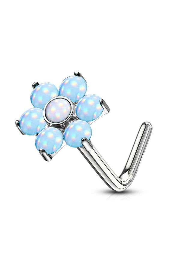 Nose Stud Rings L-shape with Illuminating Stone Set Flower Top 20g