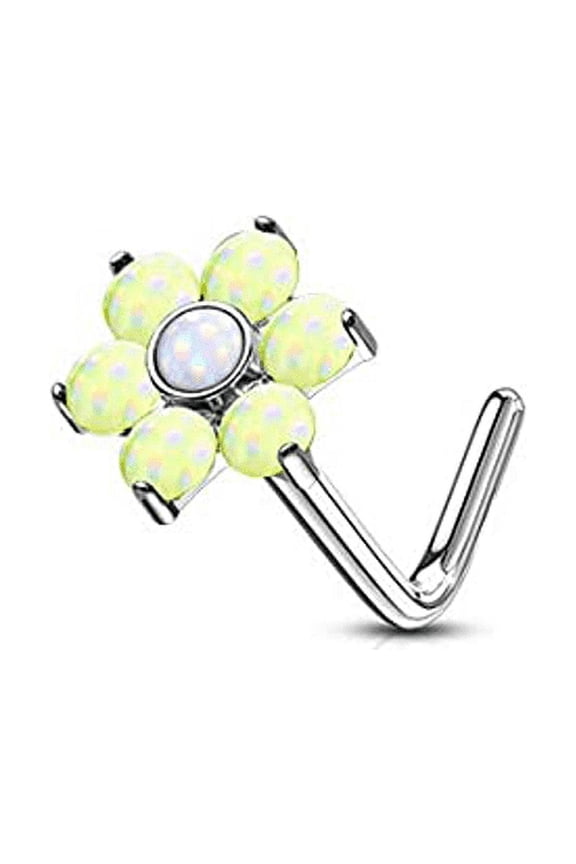 Nose Stud Rings L-shape with Illuminating Stone Set Flower Top 20g
