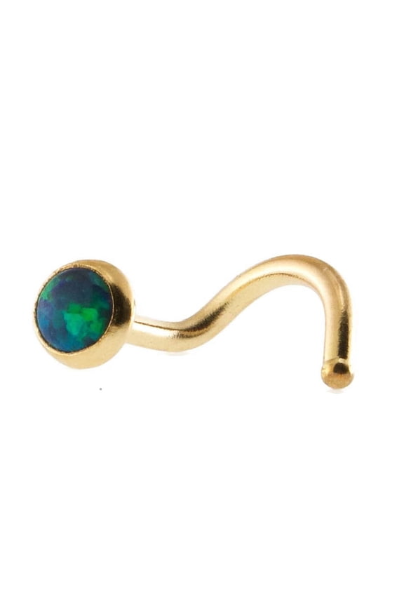 Nose Stud Screw Shaped Gemstone Nose Rings, Nostril Corkscrew Piercing for Women Men Green-Blue Opal 3mm 18 GA, Left side