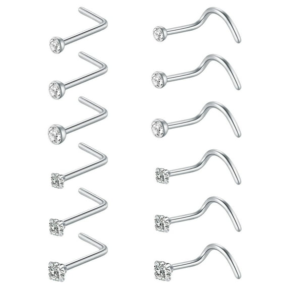 Nose Studs 16 Gauge Curved Nose Rings 12PCS Nose Studs Stainless Steel L Shaped Screw Pin Bone Nose Piercing Jewelry For Women Men
