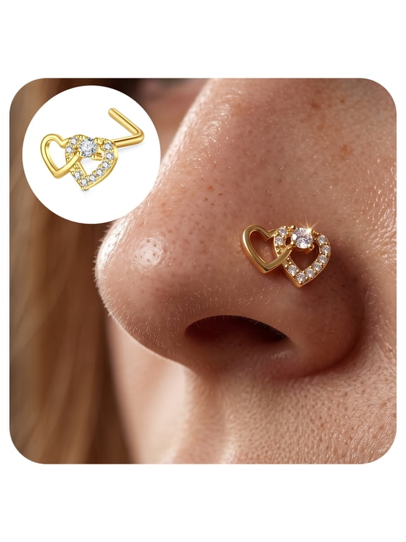 Nose Studs for Women 20G L-Shaped Nose Ring Mini Dangling Nostril Piercing Jewelry Gift Double Heart CZ Tiny Nose Jewelry