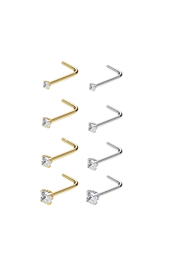 Nose Studs for Women Men, 8pcs 20 Gauge L Shaped Nostril Stud Set, Stainless Steel, Clear CZ 1.5/2/2.5/3mm, Gold/Silver, 7mm