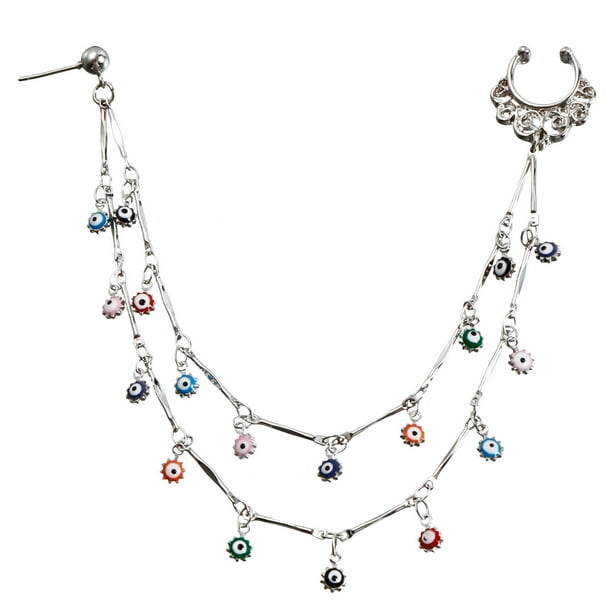 Nose To Ear Chain Tassel Double Layers Nose Rings Earrings Hoop Chain for Women Girls Party Club Body Piercings Jewelry