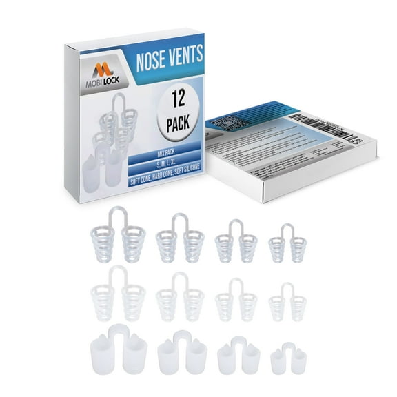 Nose Vent Sinus Relief Dilator (Pack of 12 Various Types and Sizes) - A Simple Solution for Nasal Snorers - Reusable Snoring Device to enjoy a peaceful night's sleep - by Mobi Lock
