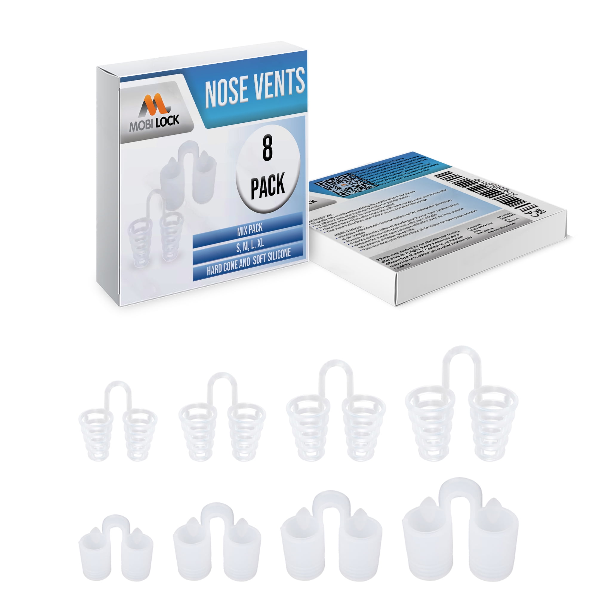 Nose Vent Sinus Relief Dilator (Pack of 8 Various Sizes) - A Simple Solution for Nasal Snorers - Reusable Snoring Device to enjoy a peaceful night's sleep - by Mobi Lock