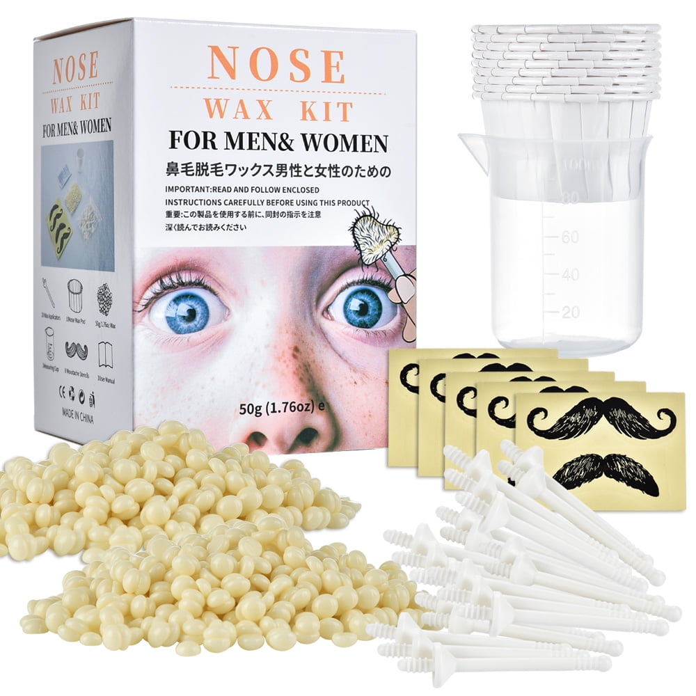 Nose Wax Kit for Men Women, Nose Hair Removal Ear Hair Waxing Kit Eyebrows  Lips Facial Nose Hair Remover Wax, 50g Hard Wax Beads 20 Applicators 10  Paper Cups Full Set Nose