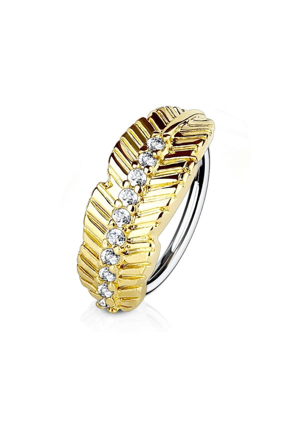 Nose and Cartilage Bendable Hoop Ring with Leaf Design and Paved Cubic Zirconias