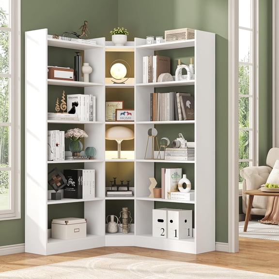 Nosepen 6 Tiers Corner Bookshelf, 63.1" Tall Modern Corner Etagere Bookcase Storage Display Rack Book Shelf with Baffle, L Shaped Bookshelves for Bedroom, Home Office, Living Room, White