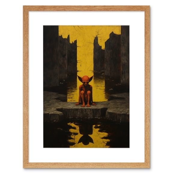 Nosferatu Lair Conceptual Art Oil Painting Yellow Sky Castle Ruins Red Demon Water Reflection Artwork Framed Wall Art Print 9X7 Inch