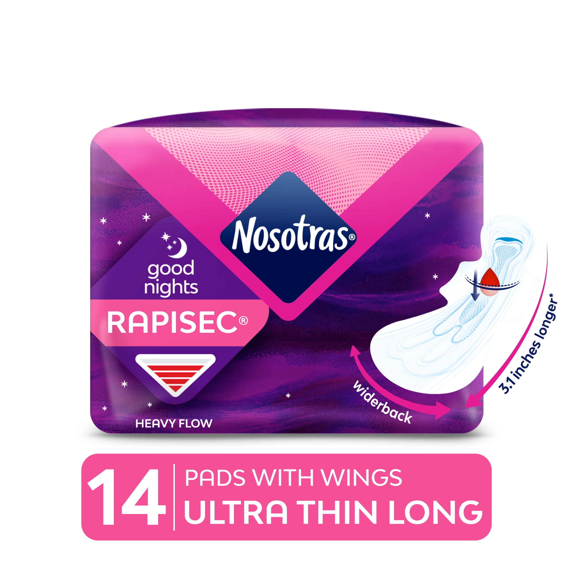 Nosotras Overnight Ultra-Thin Pads, Anti-Leaking, Unscented  (14 Count)