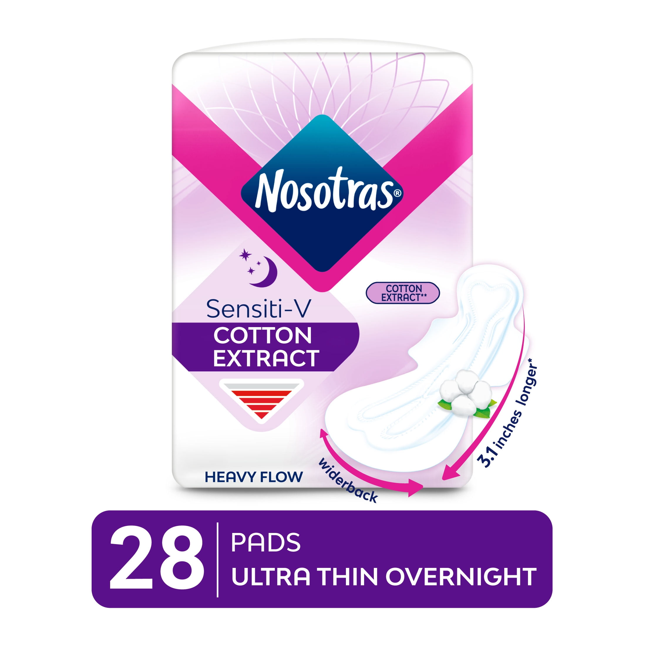 Nosotras Ultra Thin Overnight Sensiti-V Pads, Cotton Extract, Heavy Flow (28 Count)